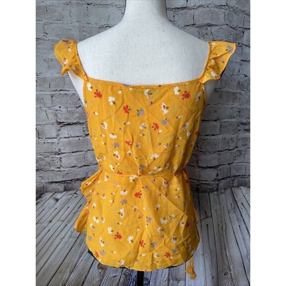 Madewell 100% Silk Floral Wrap Tank Top Ruffle Yellow V Neck Size 6 - Picture 3 of 5